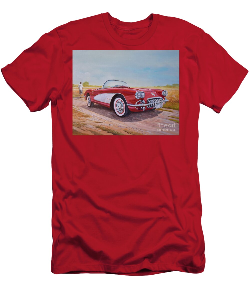 Automotive Art T-Shirt featuring the painting 1959 Chevrolet Corvette cabriolet by Sinisa Saratlic