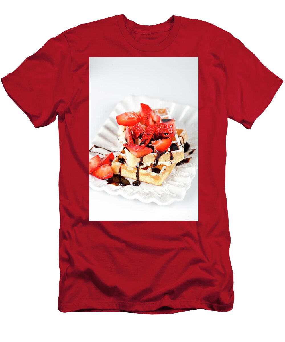 Waffles T-Shirt featuring the photograph Belgium waffers with sugar powder, strawberries and chocolate on #8 by Liss Art Studio