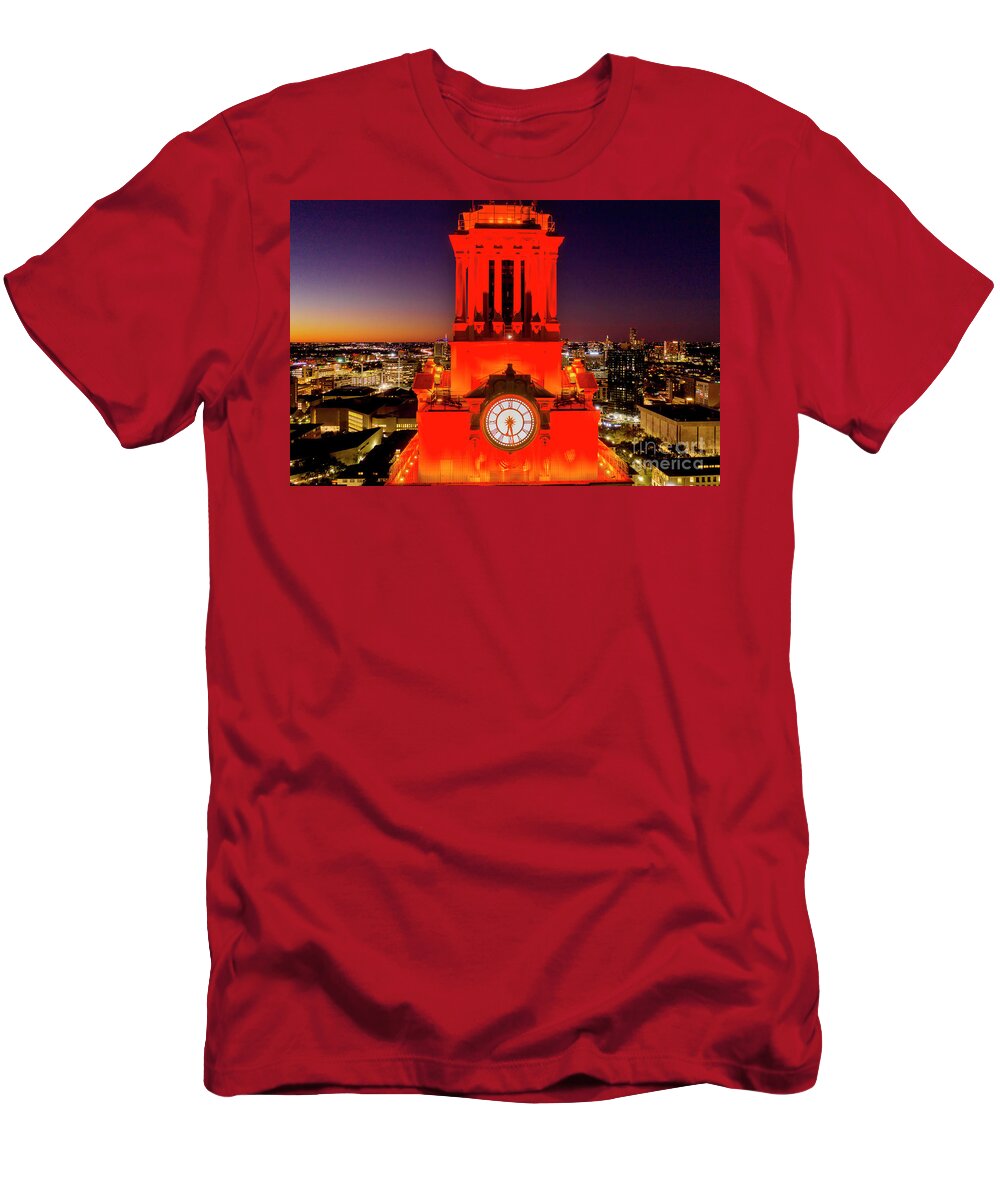 Texas Tower T-Shirt featuring the photograph A closeup view of the iconic UT Clock Tower shining bright over the University of Texas Campus by Dan Herron