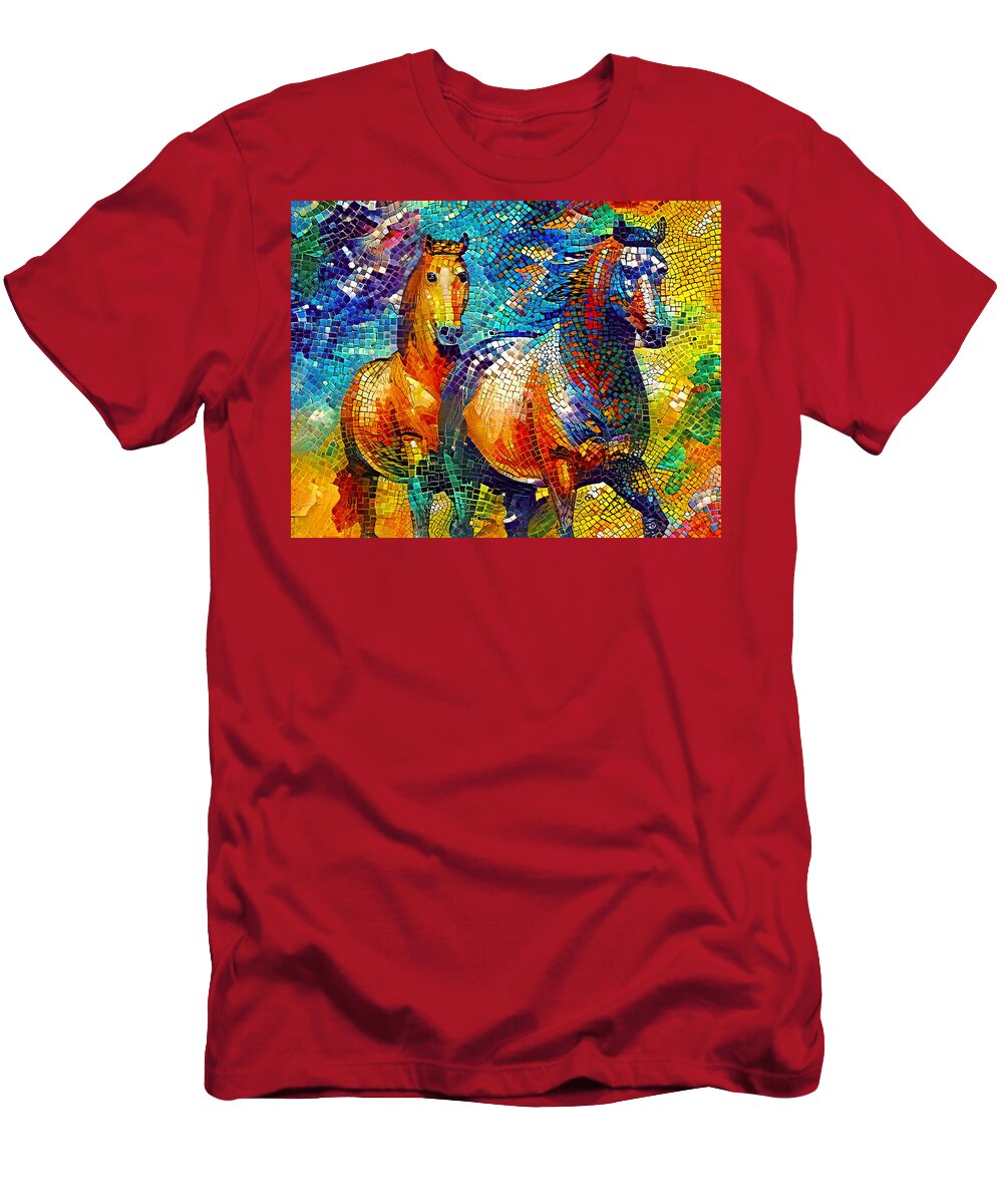 Horse Walking T-Shirt featuring the digital art A couple of horses walking - colorful mosaic by Nicko Prints