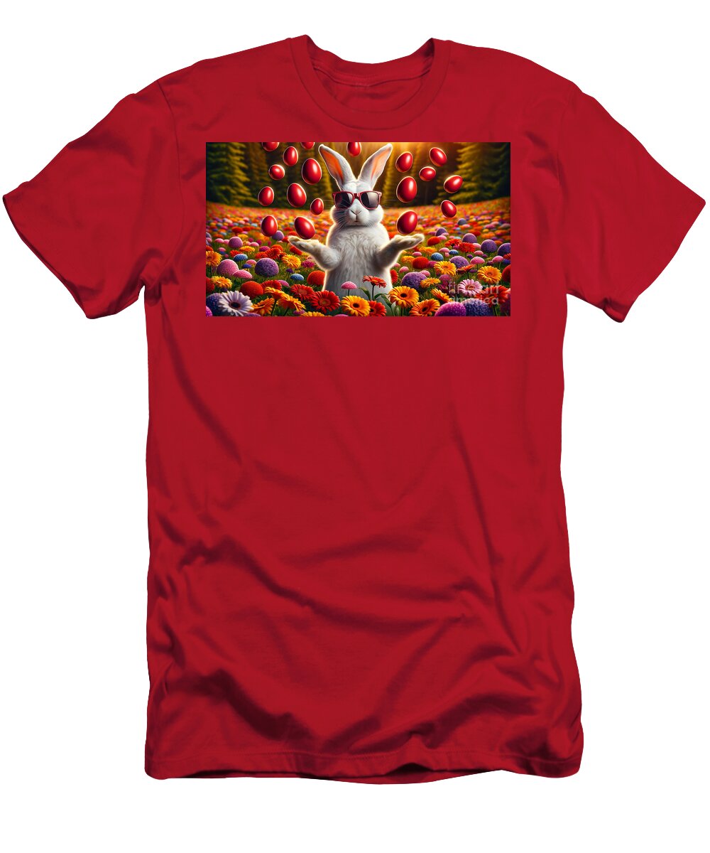 Easter T-Shirt featuring the digital art A whimsical white rabbit wearing sunglasses juggles red Easter eggs by Odon Czintos