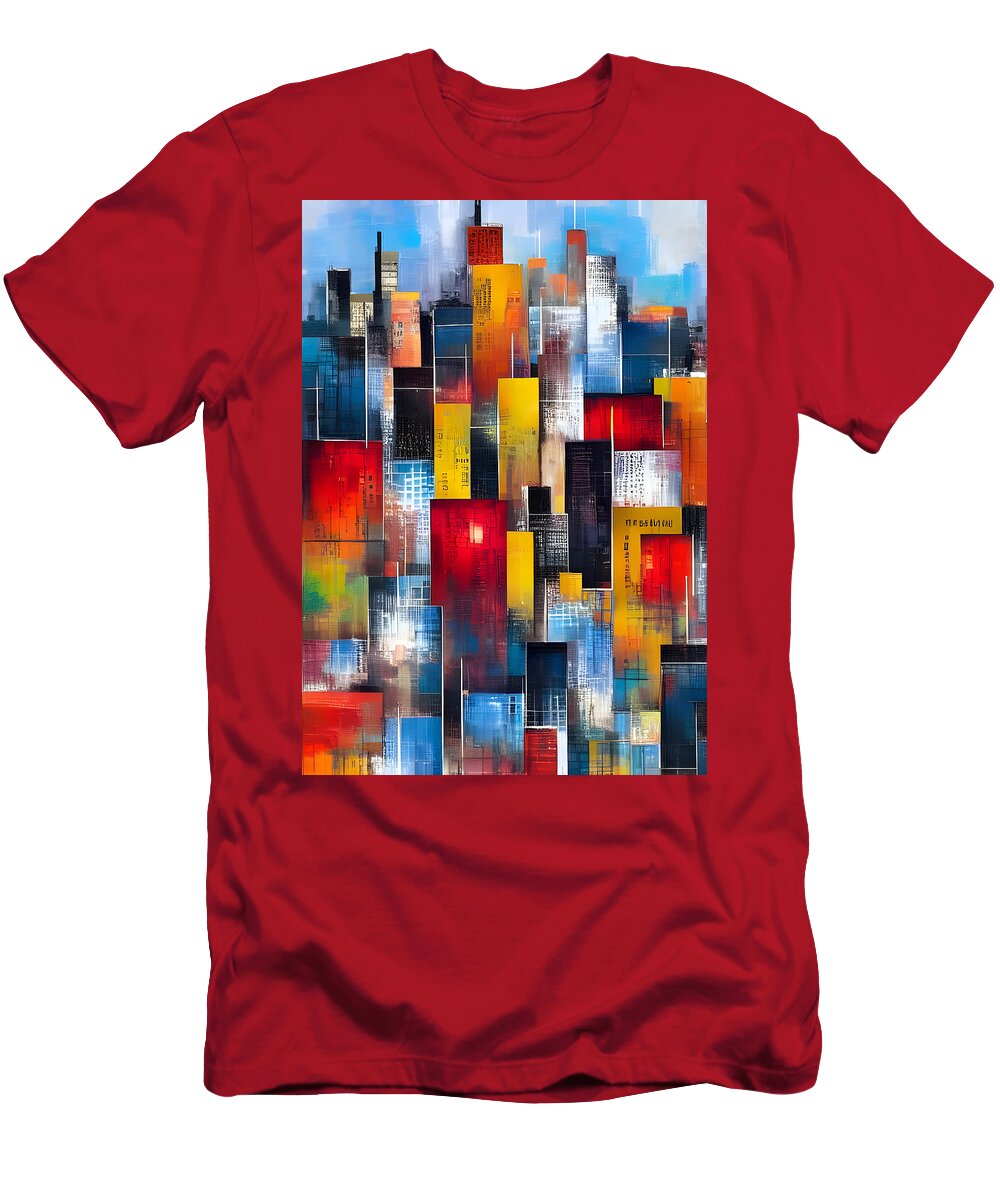 Abstract City Painting T-Shirt featuring the mixed media Abstract City Painting, abstract city, modern painting, contemporary painting, colorful, art, palett by Lilia S