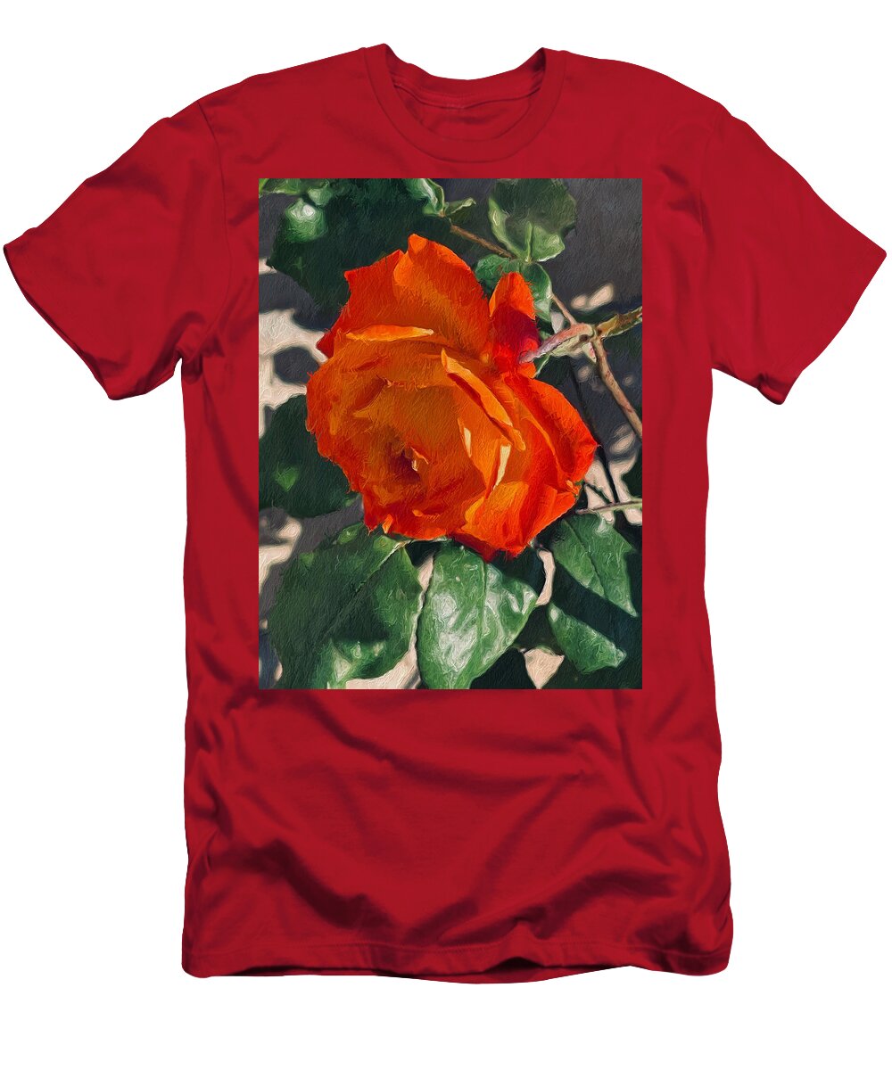 Abstract Tangerine Rose Green Leaves Tan Wall Brown Stem Yellow T-Shirt featuring the digital art Abstract Tangerine Rose by Kathleen Boyles