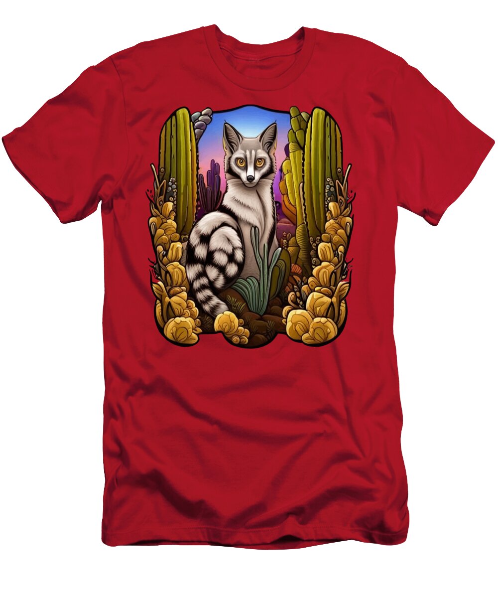 Arizona T-Shirt featuring the digital art Arizona Ring Tailed Cat Surrounded By Cacti Cartoon Tattoo by Taiche Acrylic Art