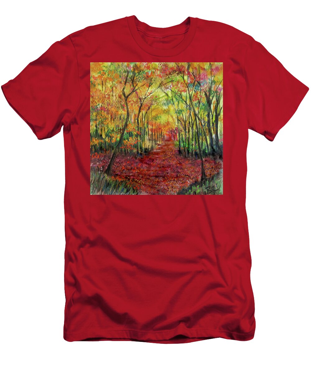 Autumn Forest T-Shirt featuring the painting Autumn Forest Sunlight by Jean Batzell Fitzgerald