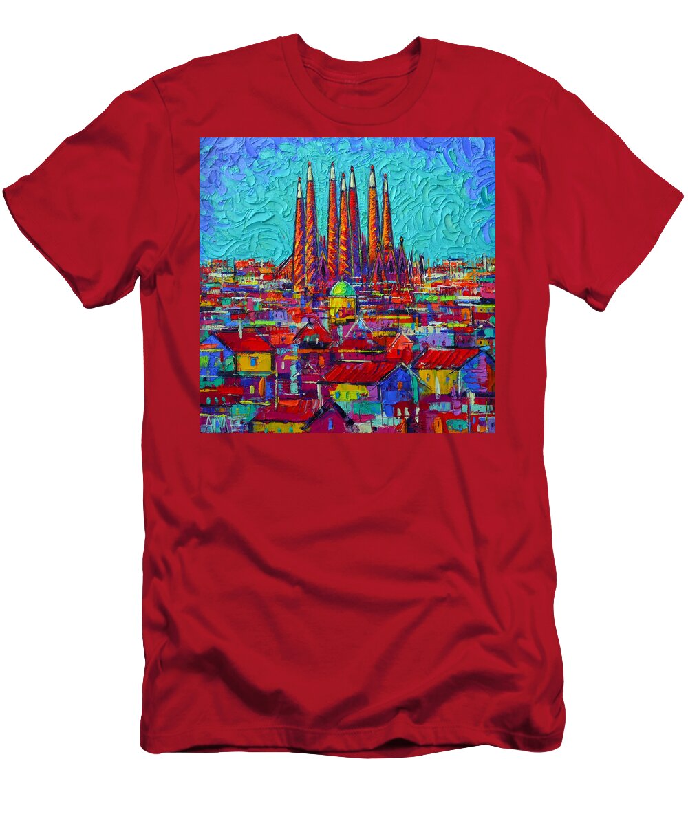 Barcelona T-Shirt featuring the painting Barcelona Abstract Cityscape - Sagrada Familia by Ana Maria Edulescu