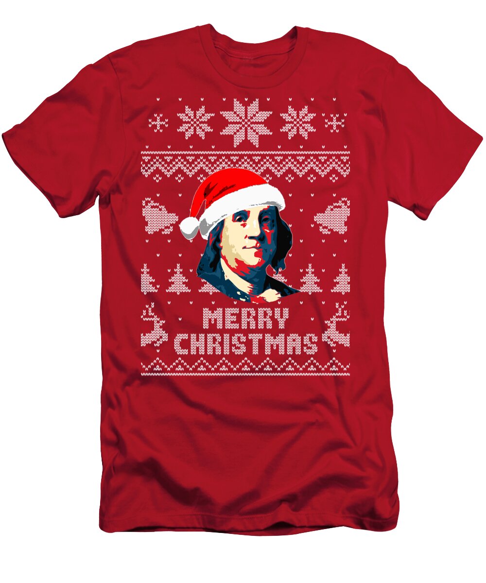 North America T-Shirt featuring the digital art Benjamin Franklin Merry Christmas by Filip Schpindel