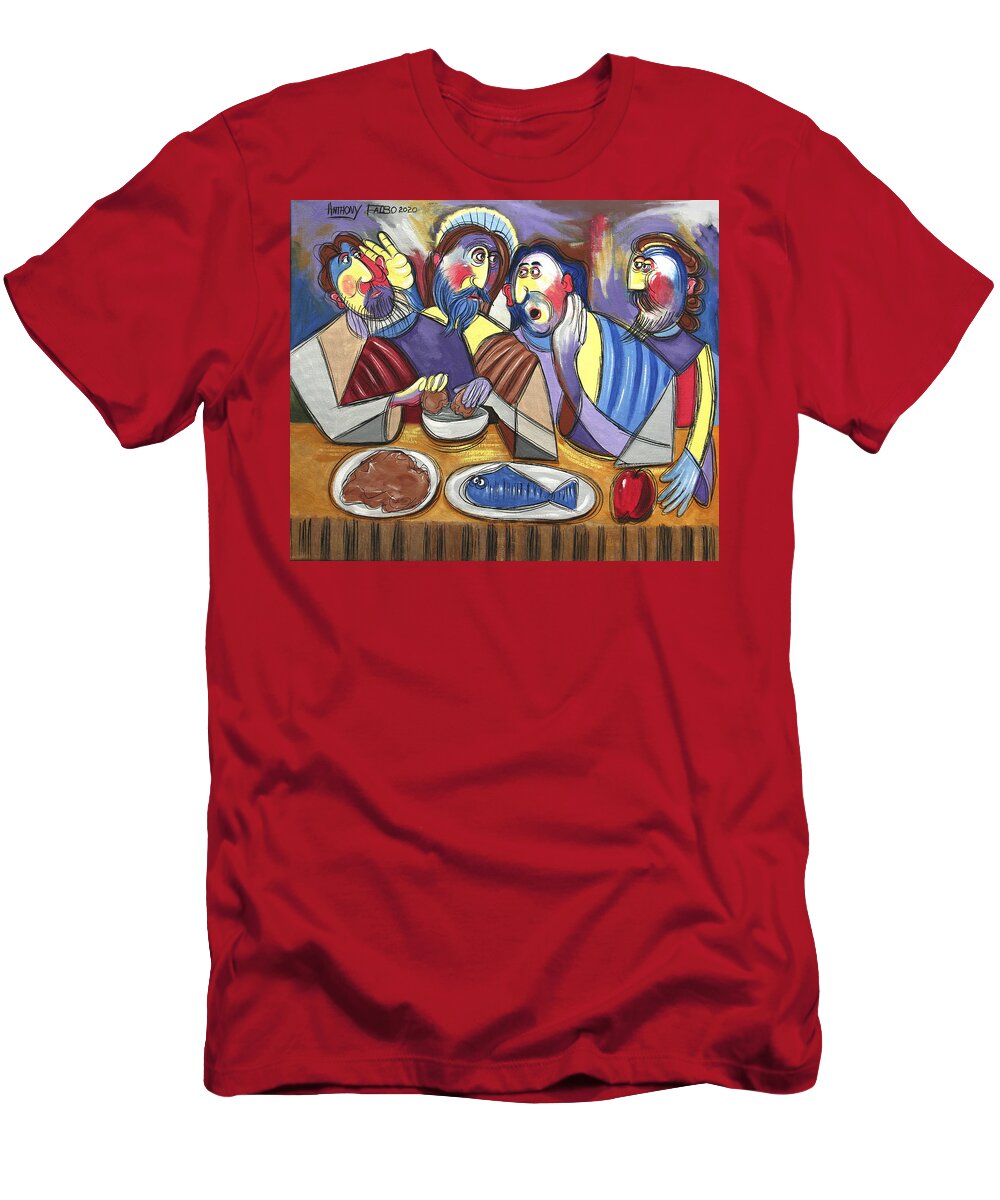The Last Supper T-Shirt featuring the painting Betrayal At The Last Supper Matthew 26 20-25 by Anthony Falbo