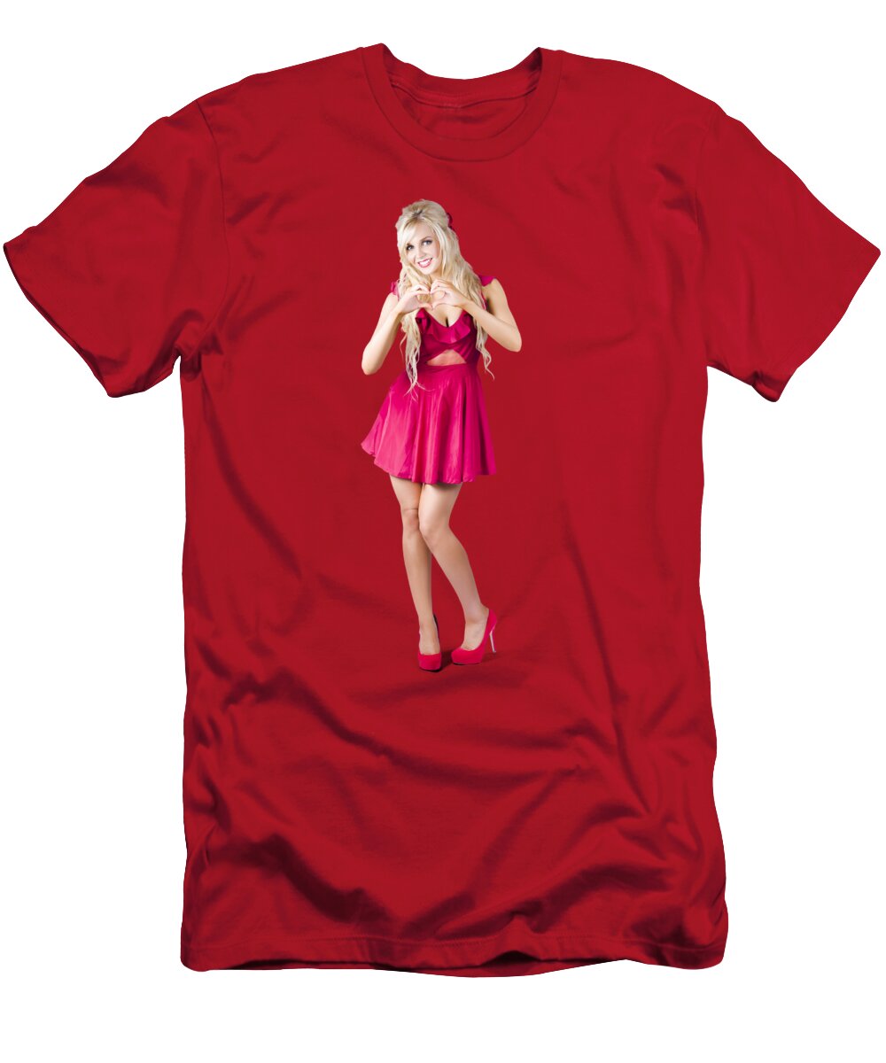 Love T-Shirt featuring the photograph Blond woman making love heart by Jorgo Photography