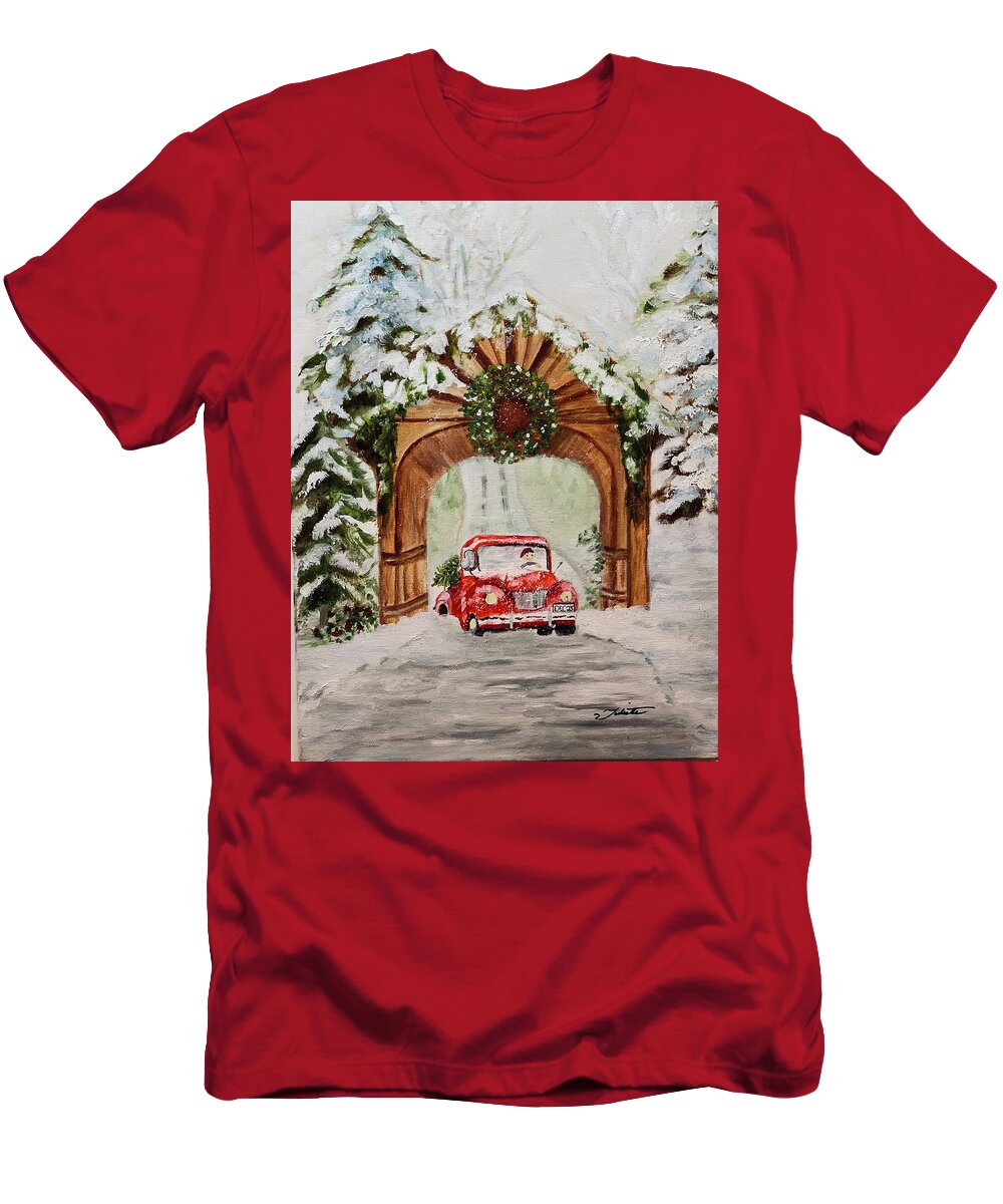 Red Truck T-Shirt featuring the painting Bringing Home the Tree by Juliette Becker