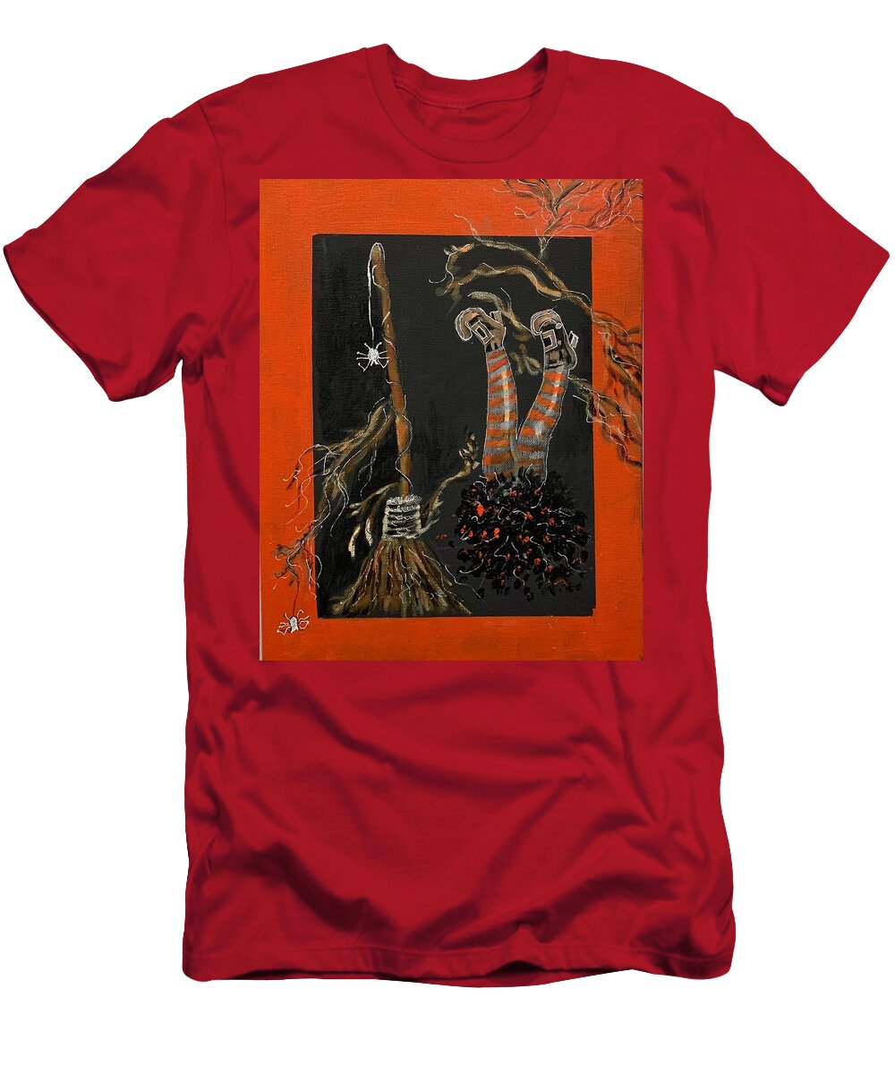 Halloween T-Shirt featuring the painting Brooms and spiders by Juliette Becker