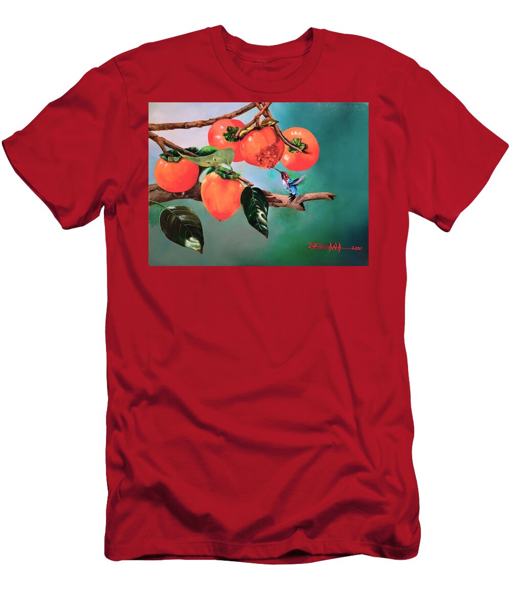 Birds T-Shirt featuring the painting Bumblebee hummer and Persimmons by Dana Newman
