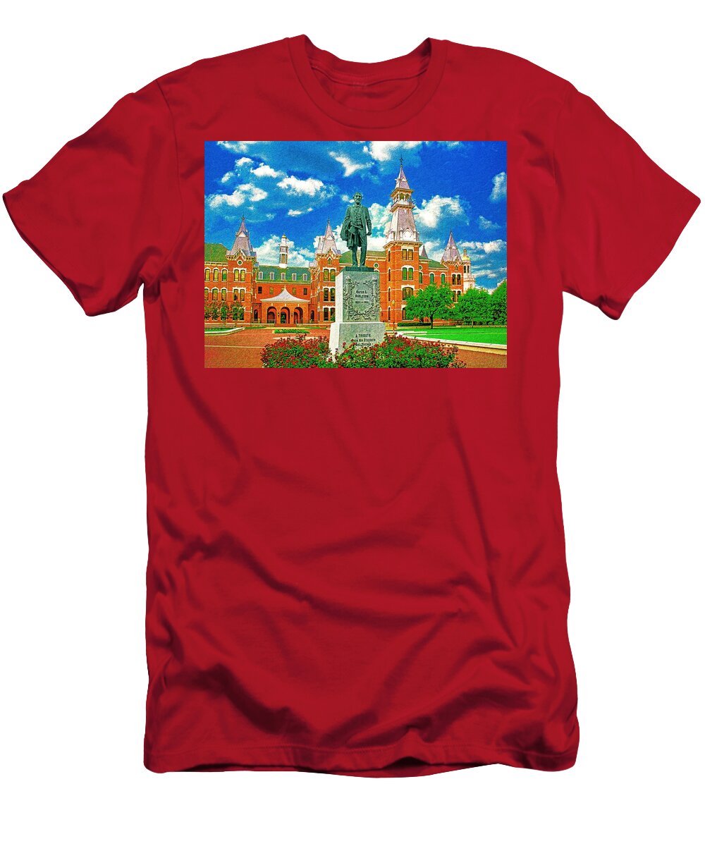 Burleson Quadrangle T-Shirt featuring the digital art Burleson Quadrangle of the Baylor University in Waco, Texas - pencil sketch by Nicko Prints