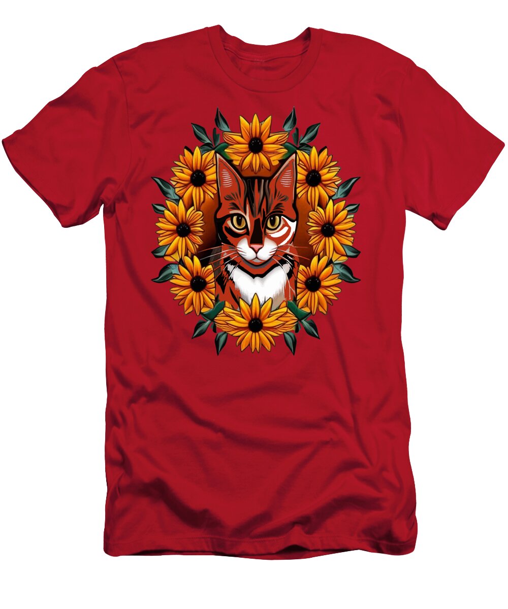 Maryland T-Shirt featuring the digital art Calico Cat With Black-eyed susan Maryland State Tattoo Art by Taiche Acrylic Art