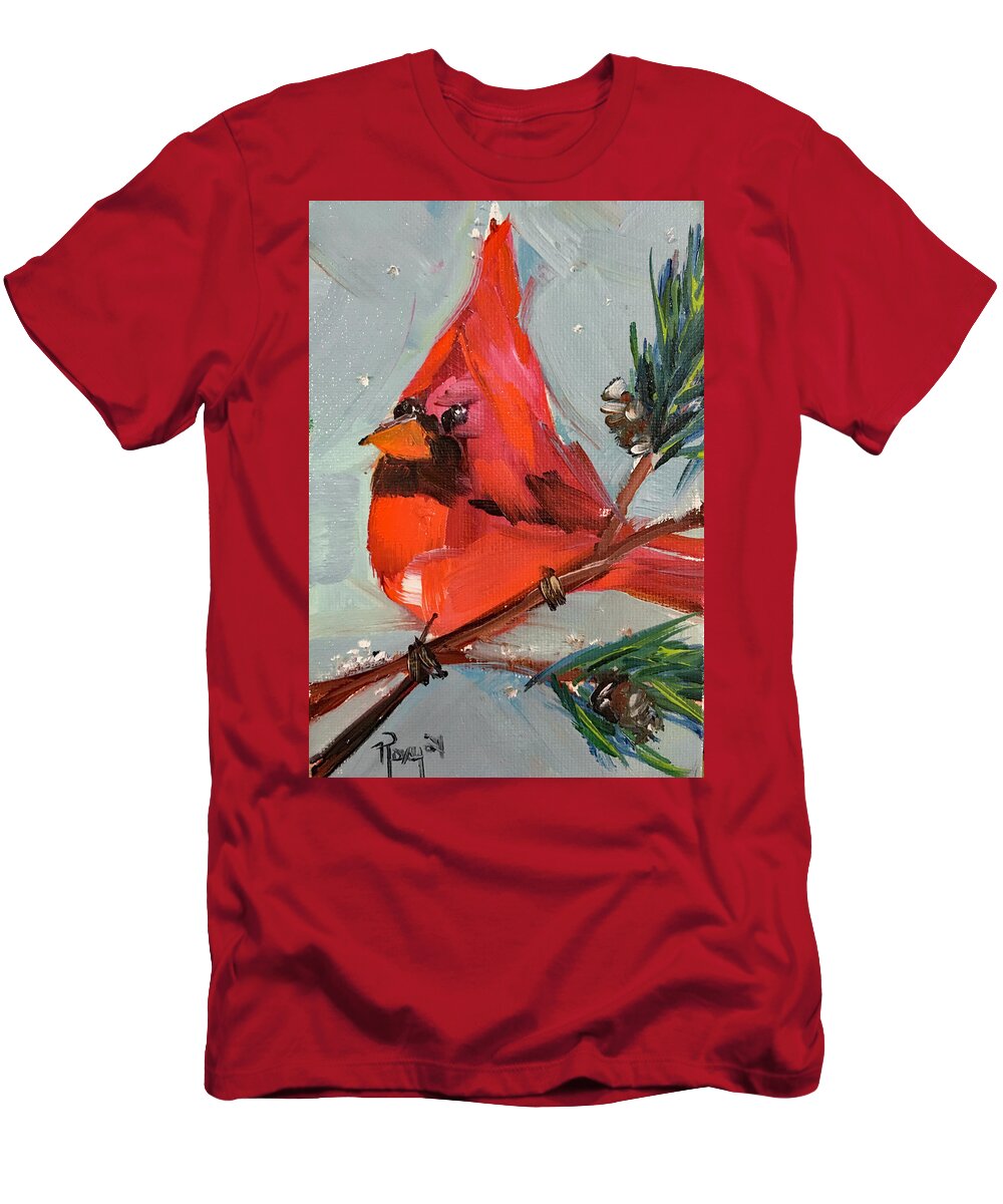Cardinal T-Shirt featuring the painting Cardinal in a Fir Tree by Roxy Rich