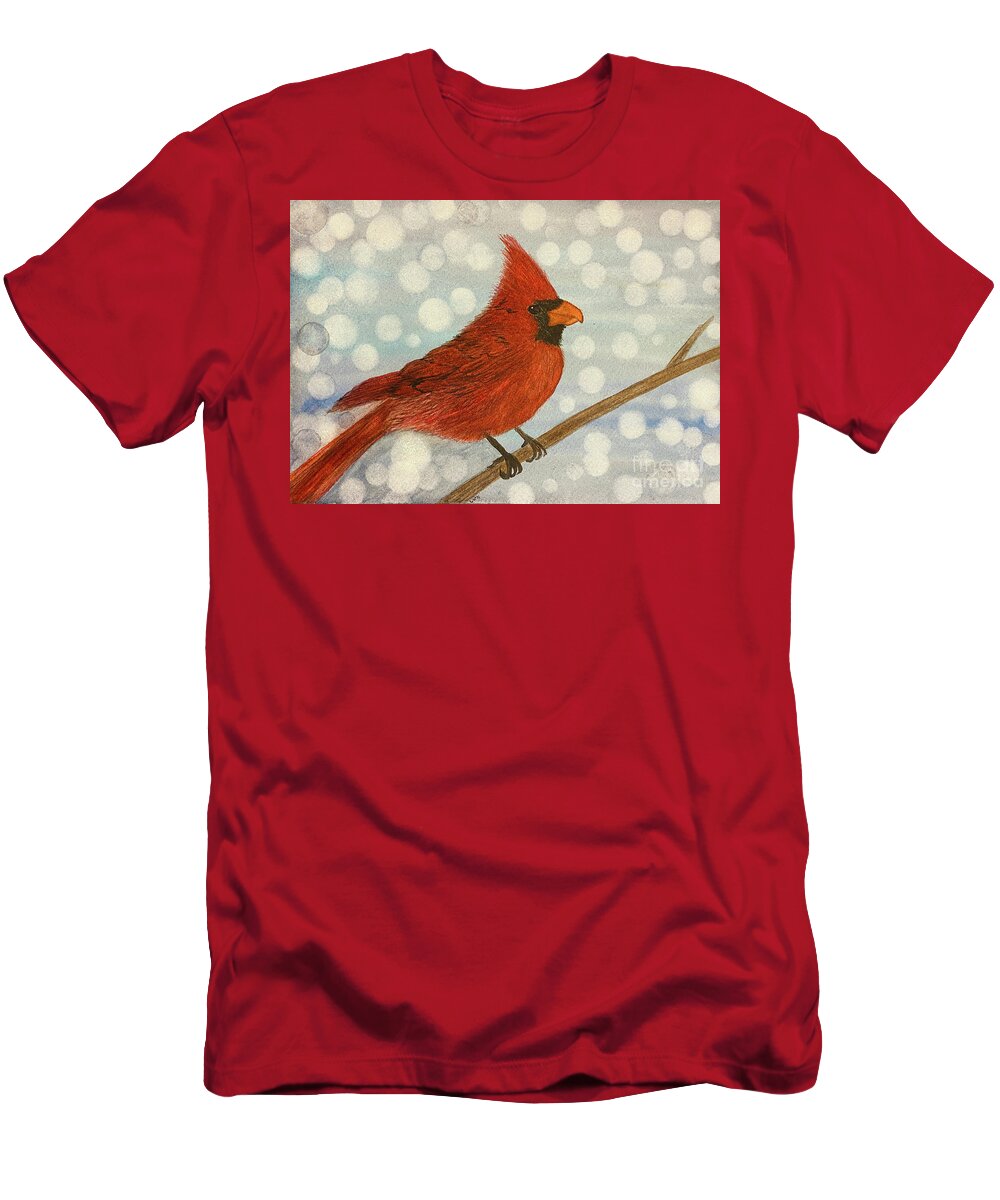 Cardinal T-Shirt featuring the painting Cardinal in Snow by Lisa Neuman