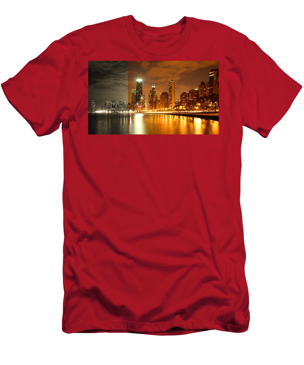 Architecture T-Shirt featuring the photograph Chicago Skyline Night Lights Water by Patrick Malon