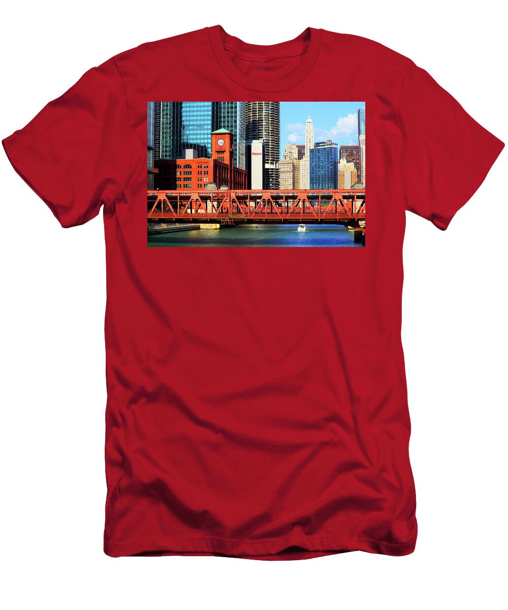 Chicago Skyline T-Shirt featuring the photograph Chicago Skyline River Bridge by Patrick Malon
