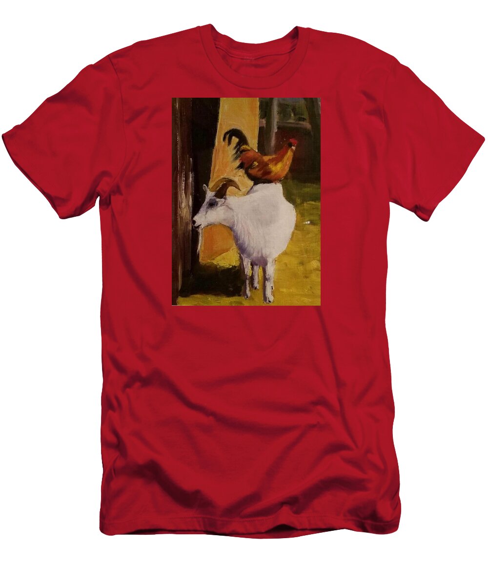 Goat T-Shirt featuring the painting Chicken on a Goat by Shawn Smith