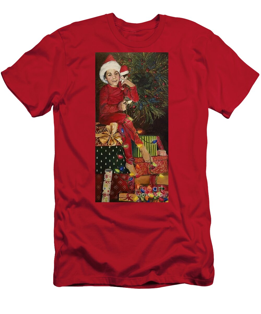 Christmas T-Shirt featuring the painting Christmas elves by Merana Cadorette