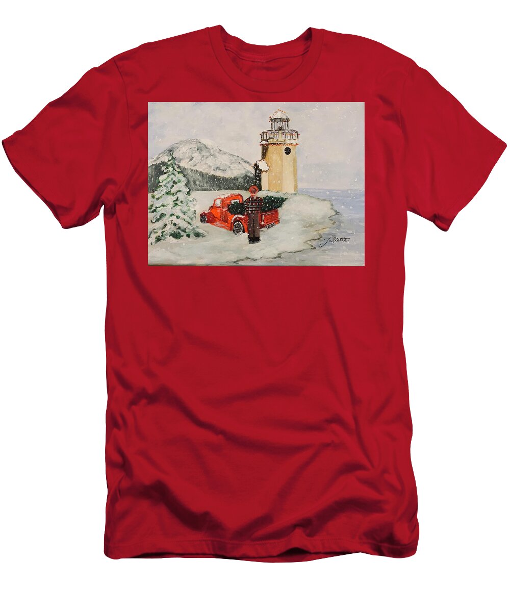 Rainier T-Shirt featuring the painting Christmas in the Harbor by Juliette Becker