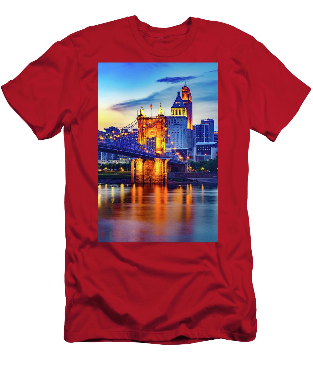 Cincinnati Ohio T-Shirt featuring the photograph Cincinnati Ohio Skyline and John A. Roebling Bridge at Dusk by Gregory Ballos