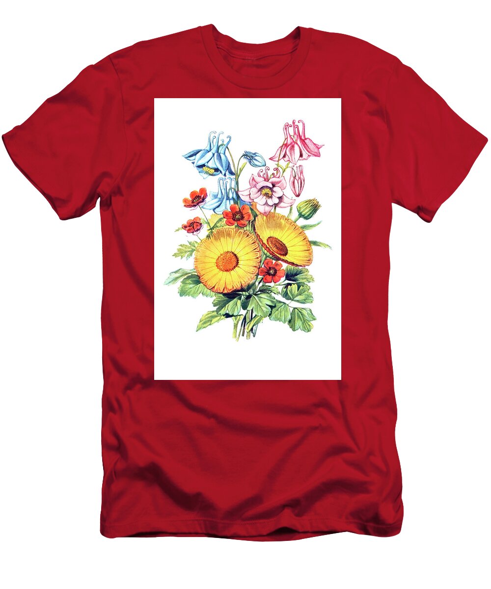 Columbine T-Shirt featuring the drawing Columbine, Marigold and Pheasant's Eye by Mango Art