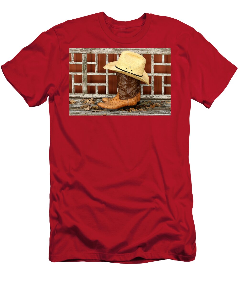 Cowboy T-Shirt featuring the photograph Cowboy Boots and Hat on Bench by Sheila Brown