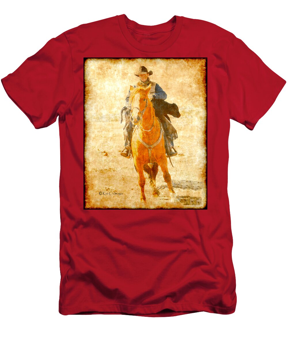 Cowboy T-Shirt featuring the mixed media Cowboy Helps Calf by Kae Cheatham