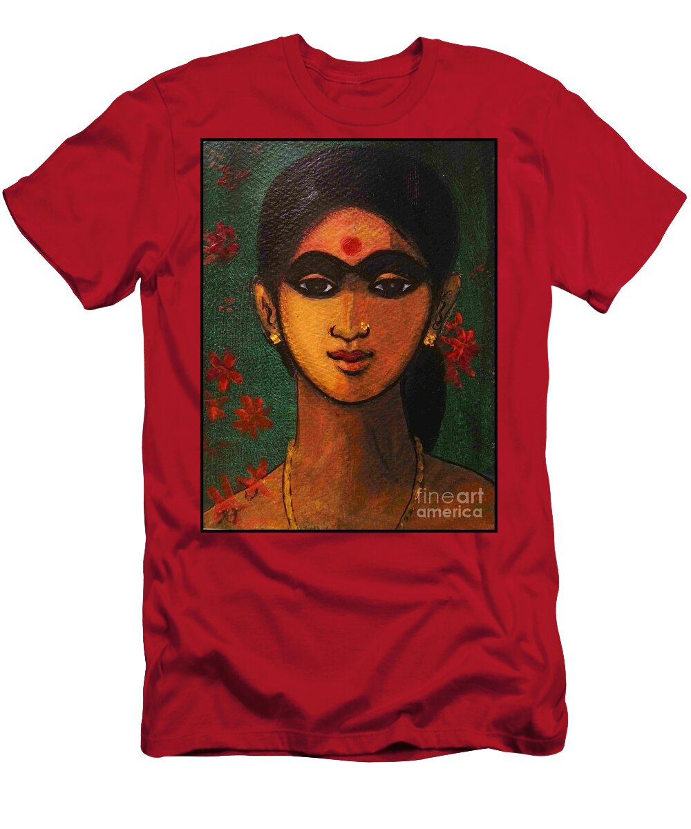Indian Woman T-Shirt featuring the painting Demure by Asha Sudhaker Shenoy