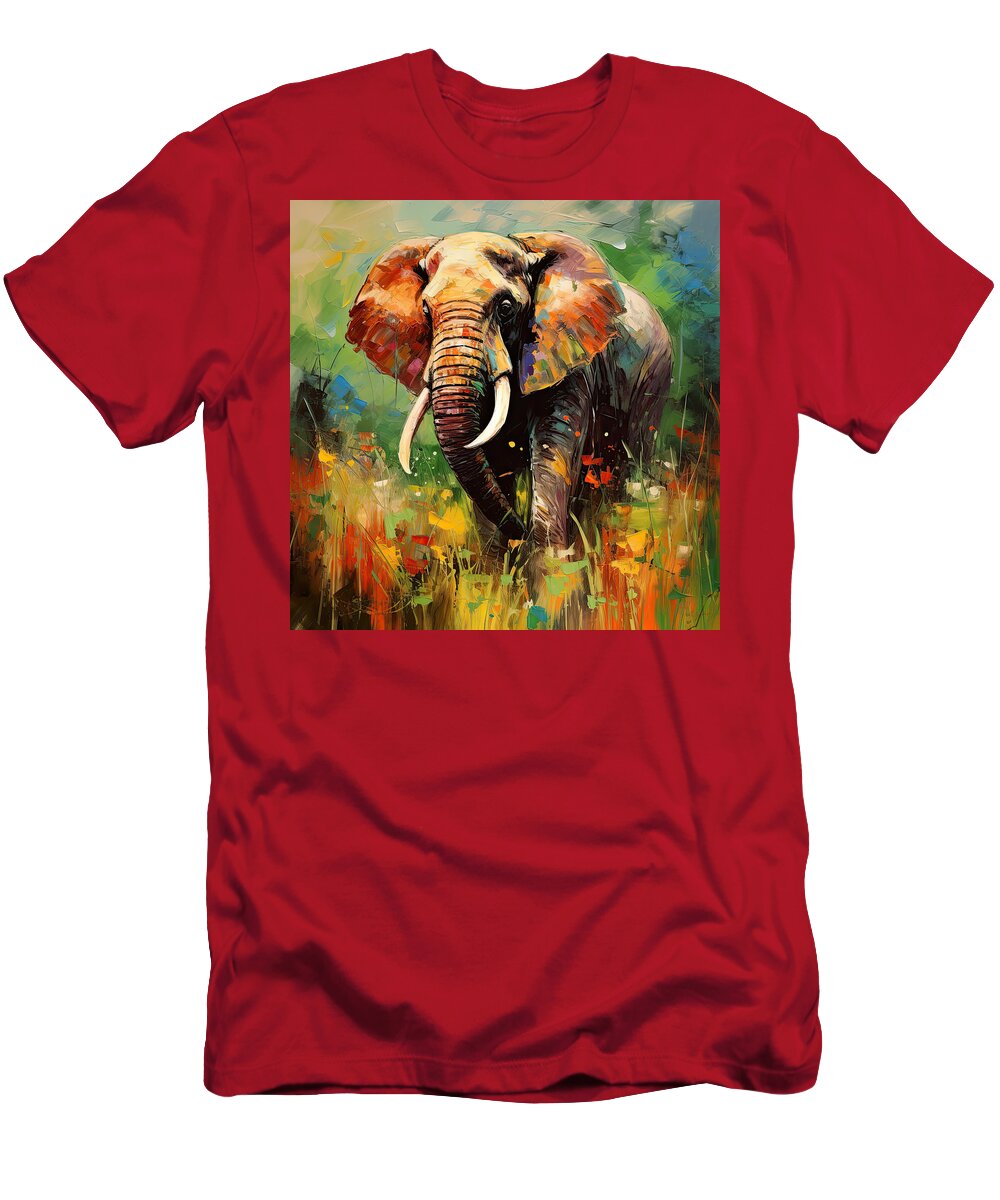 Gray And Red Art T-Shirt featuring the painting Elephant Rhapsody by Lourry Legarde