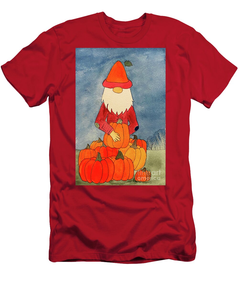 Fall T-Shirt featuring the mixed media Fall Gnome with Pumpkins by Lisa Neuman