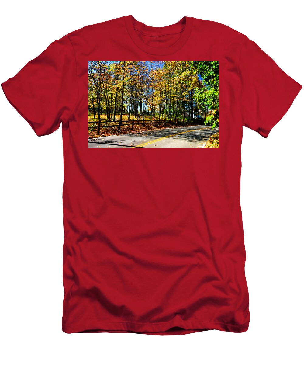 Landscape T-Shirt featuring the photograph Fall Trees Wooded Country Road by Patrick Malon