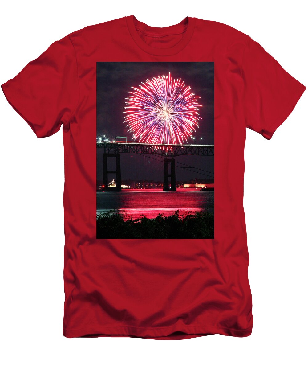 Fireworks T-Shirt featuring the photograph Fireworks over the Newport Bridge by Jim Feldman