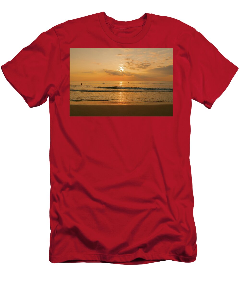 Surfing T-Shirt featuring the photograph Five Surfers at Sunrise by John Quinn
