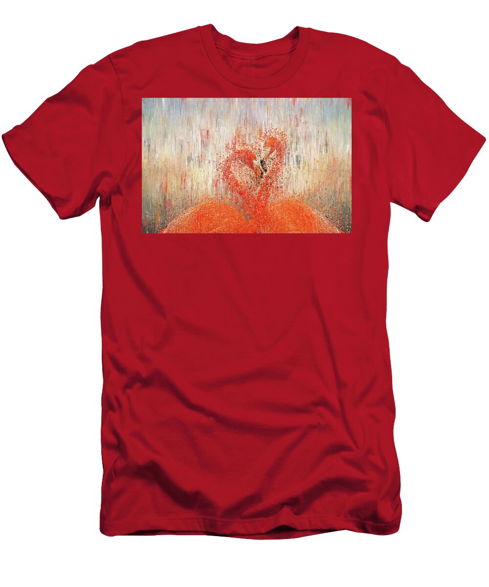 Flamingo Couple T-Shirt featuring the painting Flamingos. Sunrise on the lake. by Alex Mir