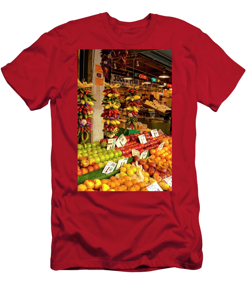 Market T-Shirt featuring the photograph Fruit and Vegetable market in Seattle, Washington with beautiful produce at great prices by Gunther Allen
