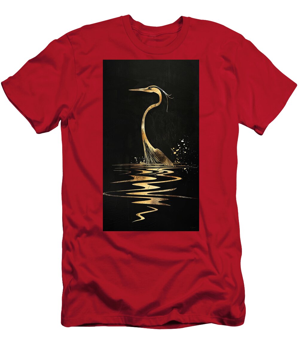 Heron T-Shirt featuring the painting Gilded Hunter - Black and Gold Heron Modern Art by Lourry Legarde