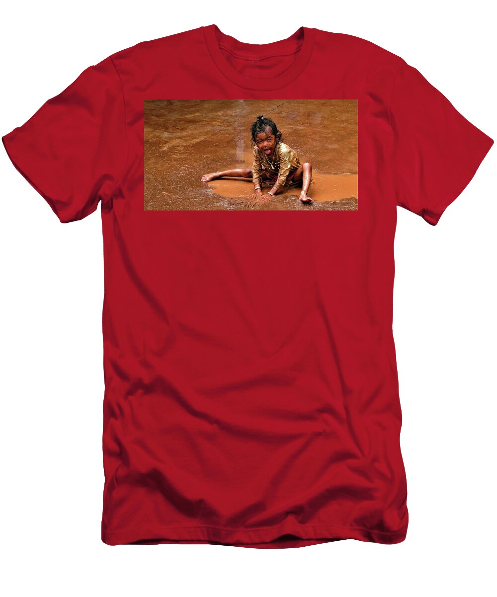 Puddle T-Shirt featuring the photograph Girl in the puddle of brown water by Robert Bociaga