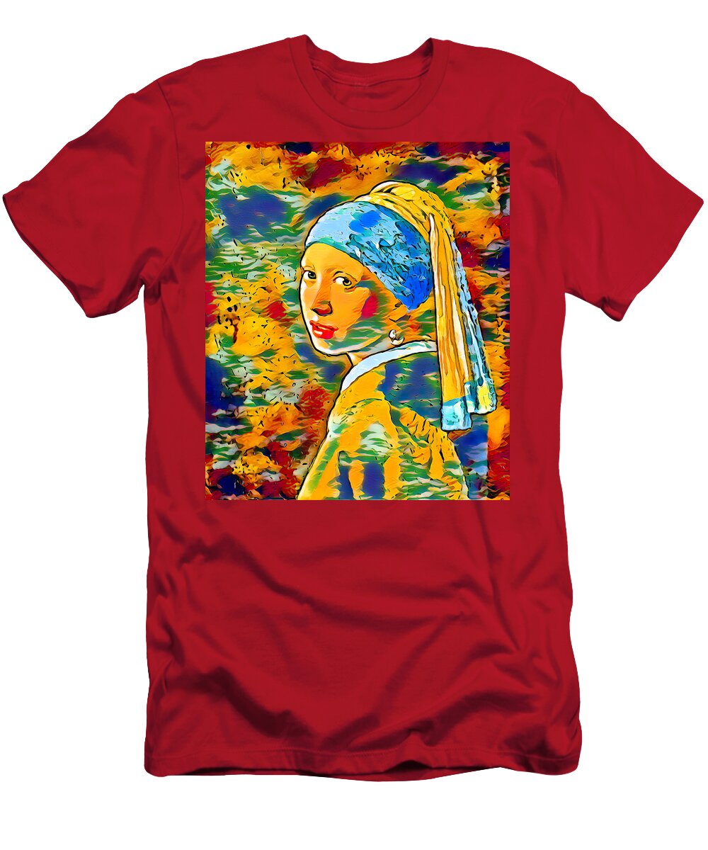 Girl With A Pearl Earring T-Shirt featuring the digital art Girl with a Pearl Earring by Johannes Vermeer - dark blue, orange, and green, colorful recreation by Nicko Prints