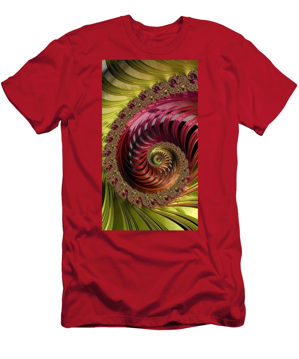 Gold T-Shirt featuring the digital art Gold and Ruby Nautilus Shell Fractal by Shelli Fitzpatrick