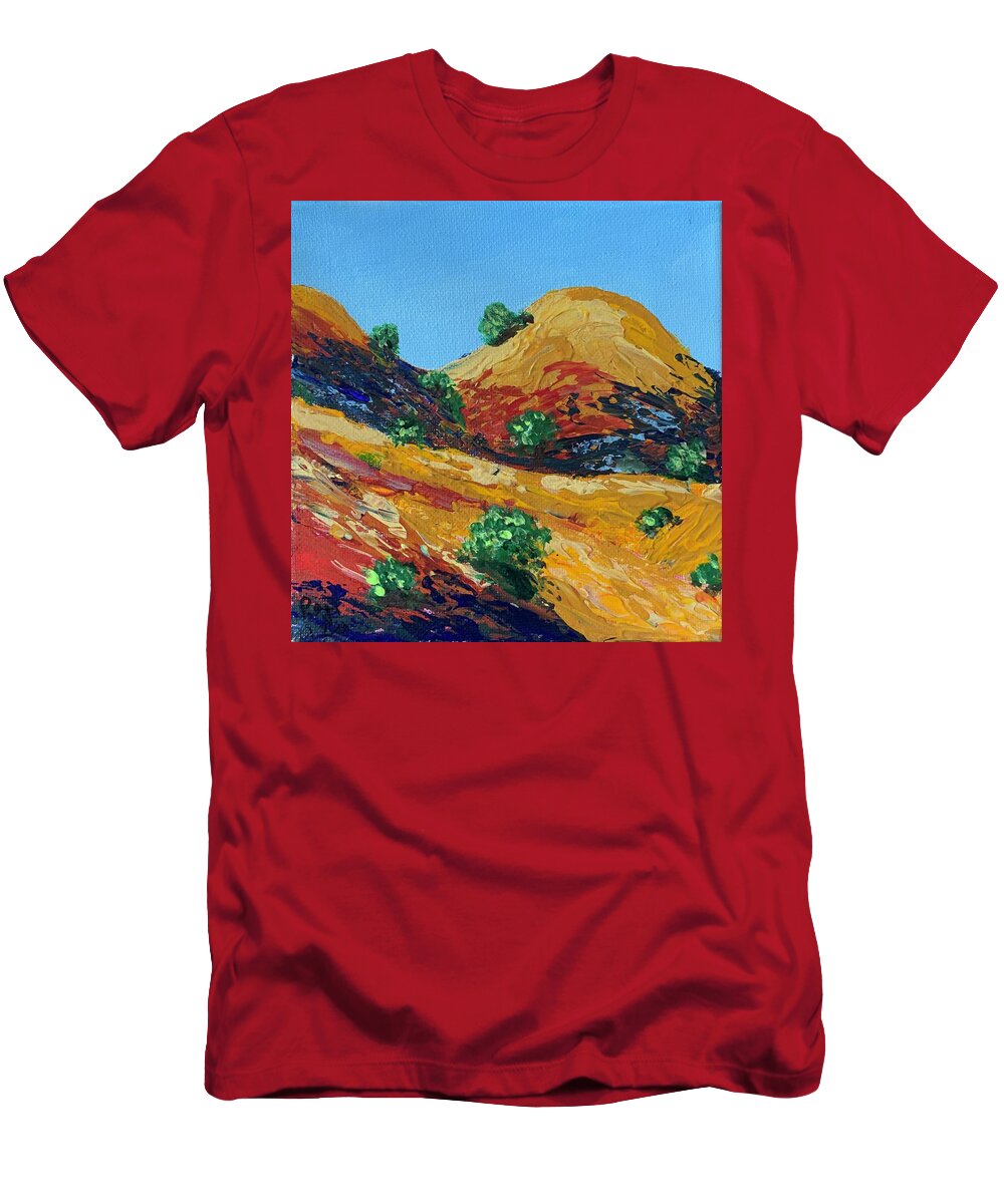 Landscape T-Shirt featuring the painting Golden Hills 2 by Raji Musinipally