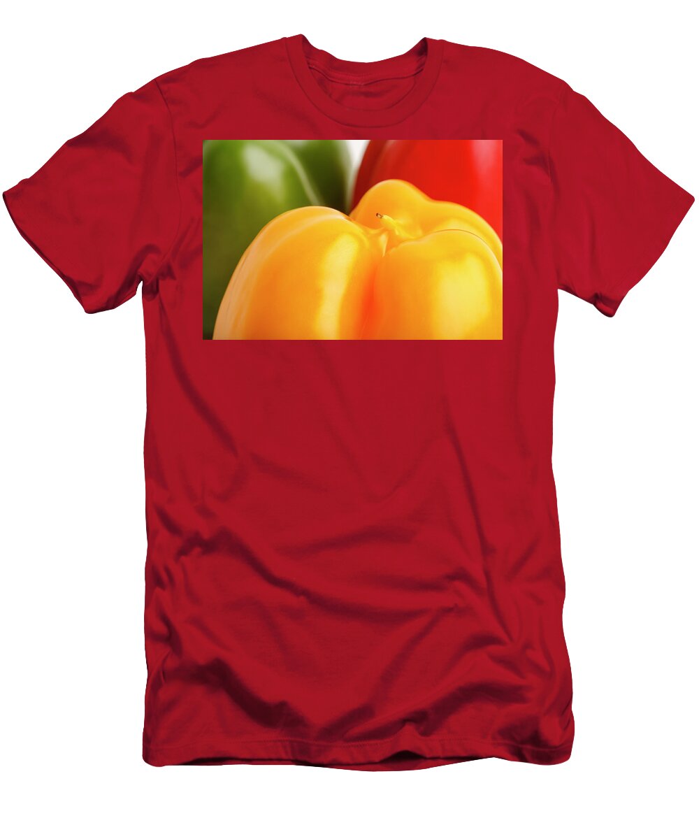 Agriculture T-Shirt featuring the photograph Green Red and Yellow Bell Peppers Closeup by Todd Bannor