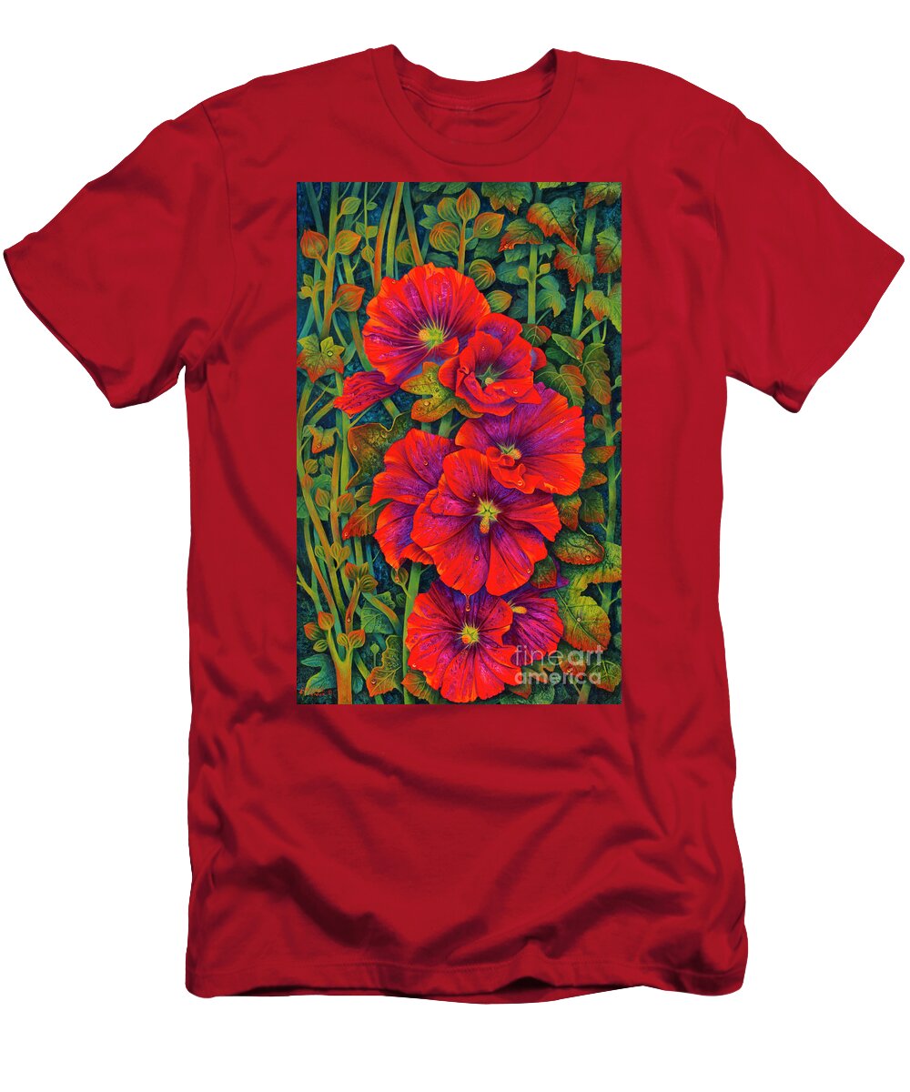Flowers T-Shirt featuring the painting Hollyhocks - 3D by Ricardo Chavez-Mendez