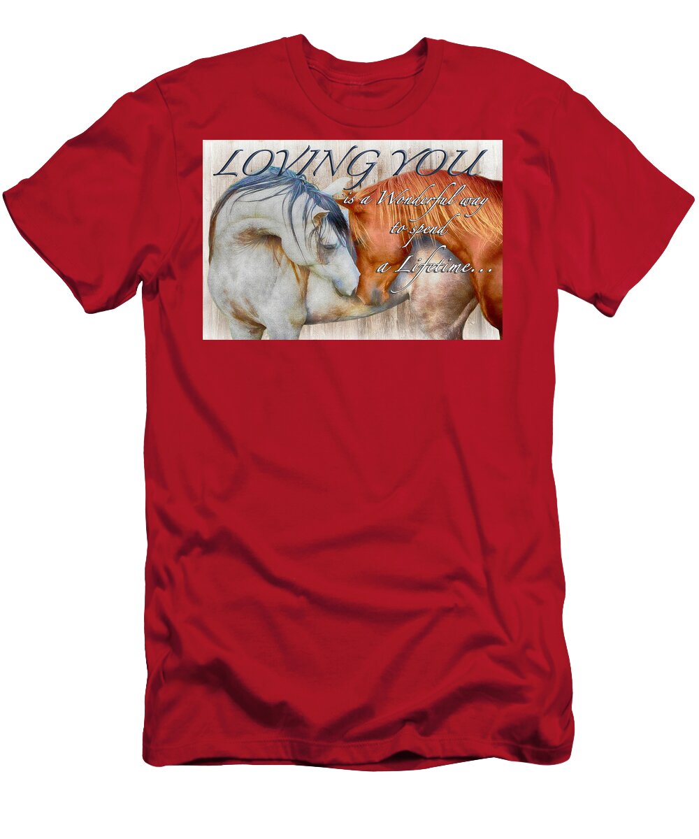 Loving Horses T-Shirt featuring the digital art Horses Nuzzling Loving by Steve Ladner