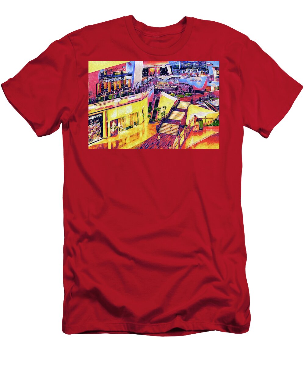 City Center T-Shirt featuring the mixed media Inside City Center Shopping Mall, Las Vegas by Tatiana Travelways