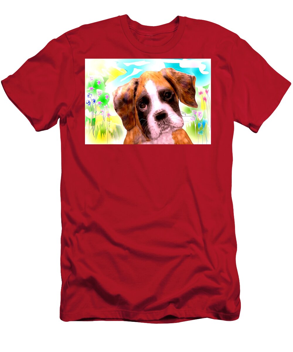 Pencil Sketched Boxer Puppy Resting After A Romp In The Meadow. T-Shirt featuring the mixed media Just another Blossom. by Pamela Calhoun