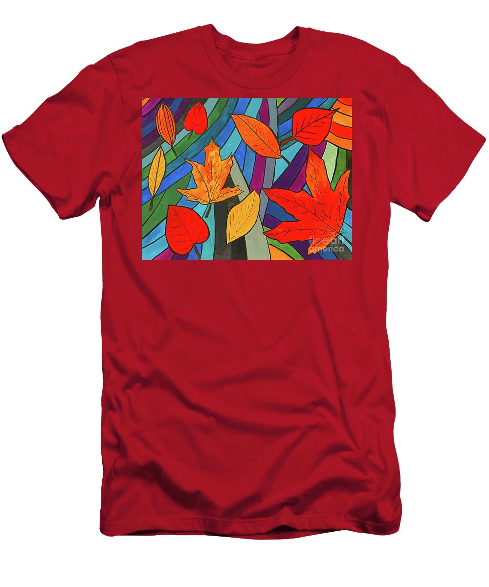 Leaves T-Shirt featuring the mixed media Leaves and Stripes by Lisa Neuman