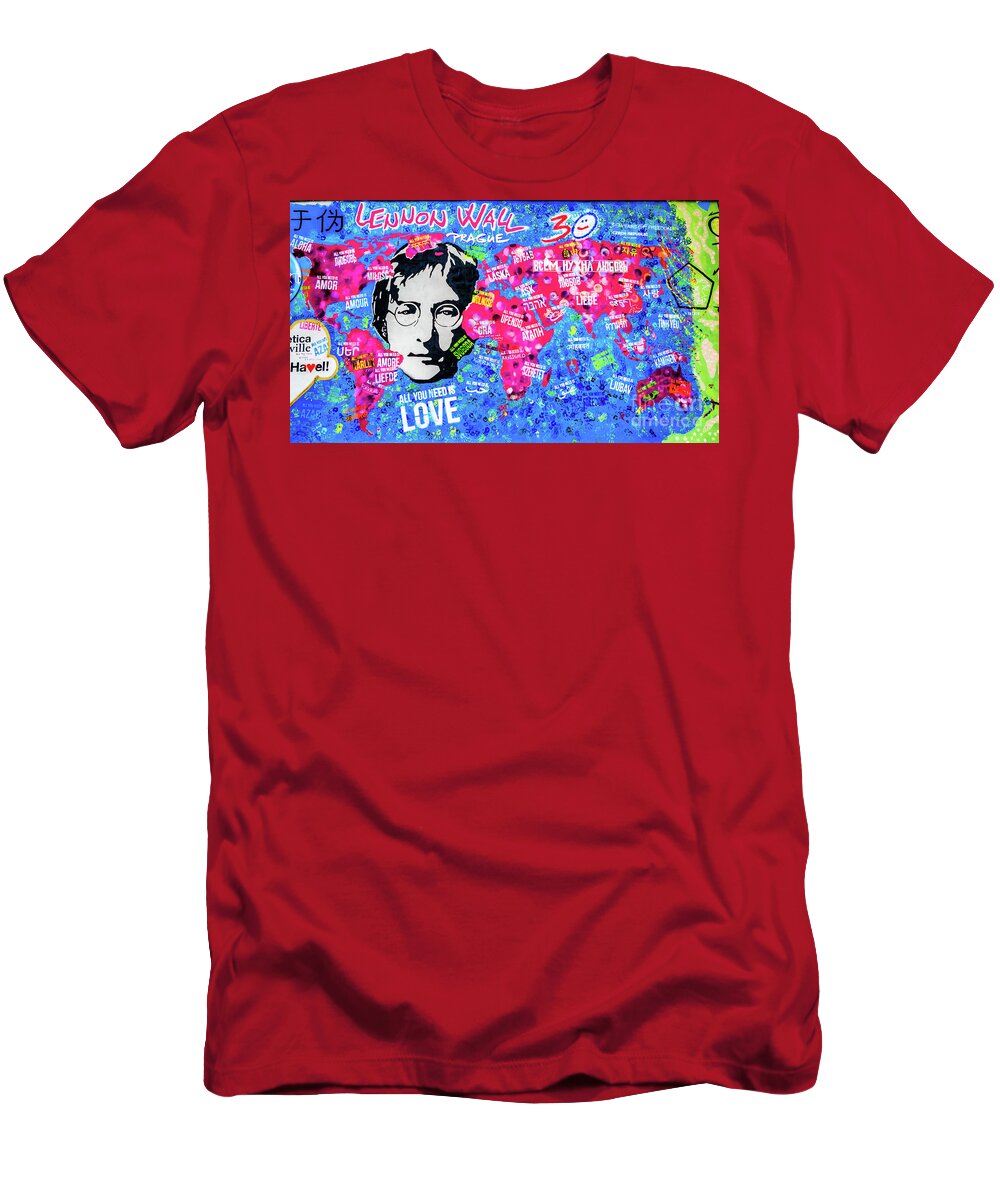 All You Need Is Love T-Shirt featuring the photograph Lennon Wall Prague - All You Need is Love by M G Whittingham