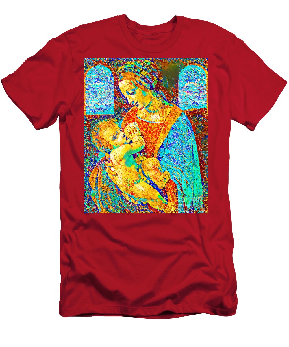 Wingsdomain T-Shirt featuring the photograph Leonardo da Vinci The Modonna Litta in Vibrant Colorful Stained Glass Motif 20200805 by Wingsdomain Art and Photography